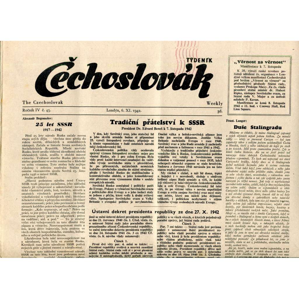 Čechoslovák, ročník IV., číslo 45/1942. Nezávislý týdeník (exil - Londýn, noviny)