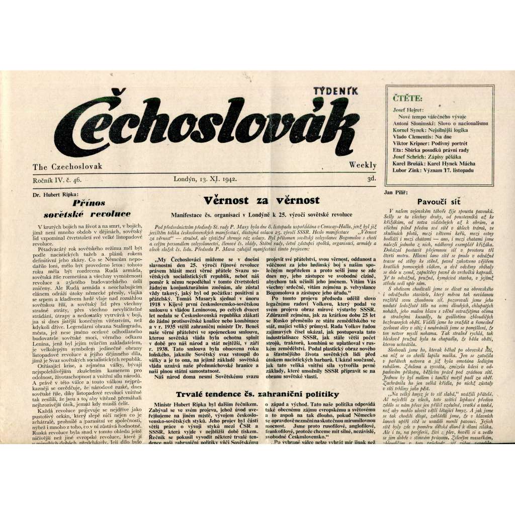 Čechoslovák, ročník IV., číslo 46/1942. Nezávislý týdeník (exil - Londýn, noviny)