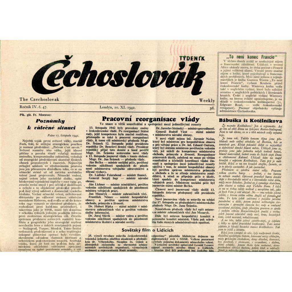 Čechoslovák, ročník IV., číslo 47/1942. Nezávislý týdeník (exil - Londýn, noviny)