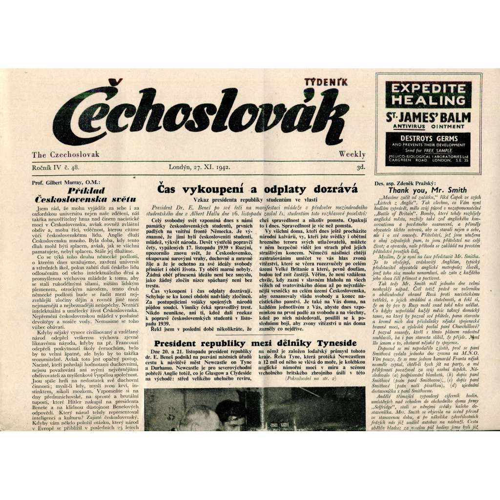 Čechoslovák, ročník IV., číslo 48/1942. Nezávislý týdeník (exil - Londýn, noviny)