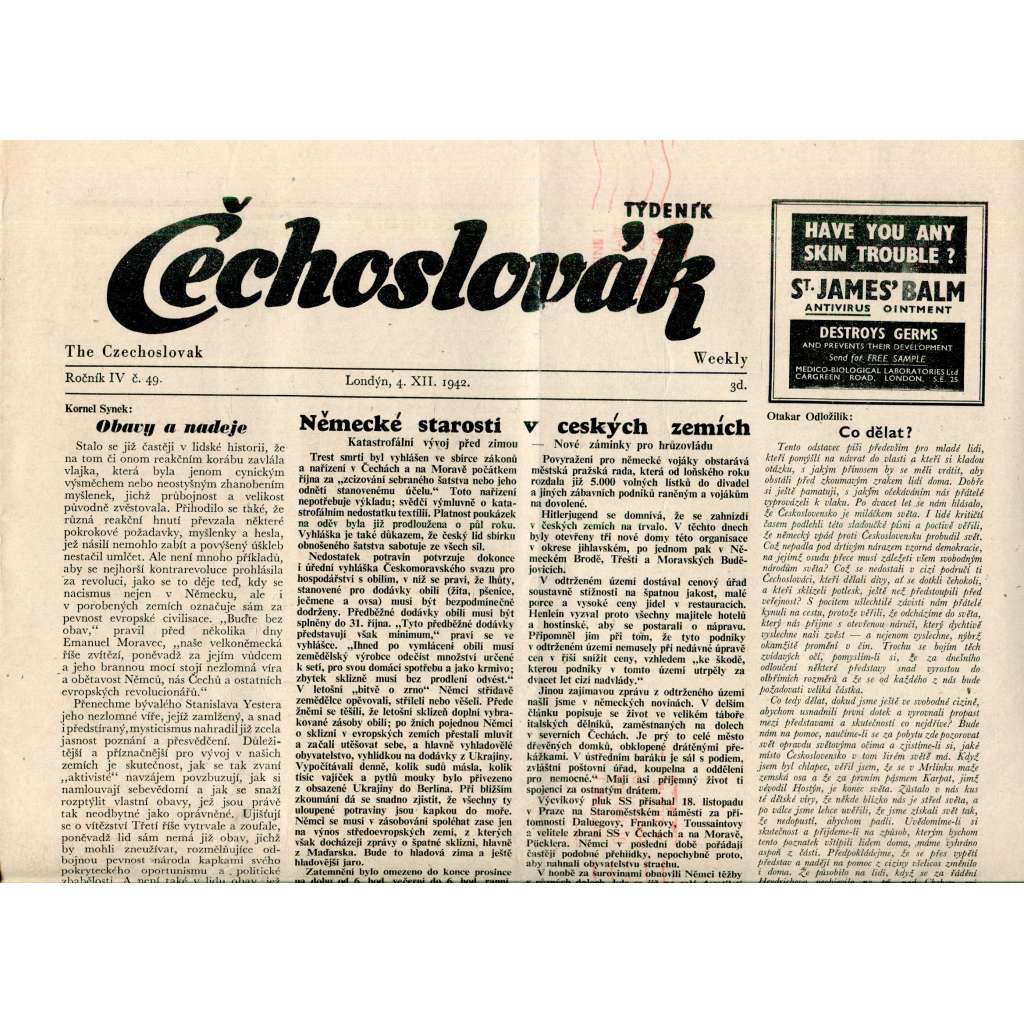 Čechoslovák, ročník IV., číslo 49/1942. Nezávislý týdeník (exil - Londýn, noviny)