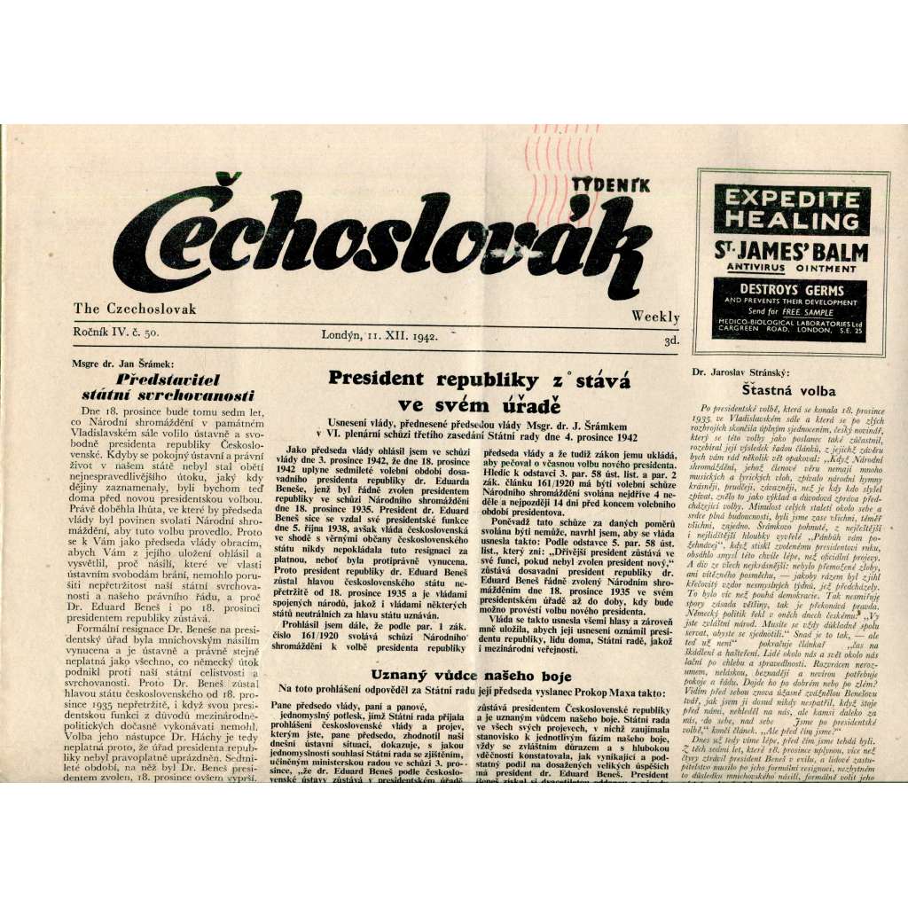Čechoslovák, ročník IV., číslo 50/1942. Nezávislý týdeník (exil - Londýn, noviny)