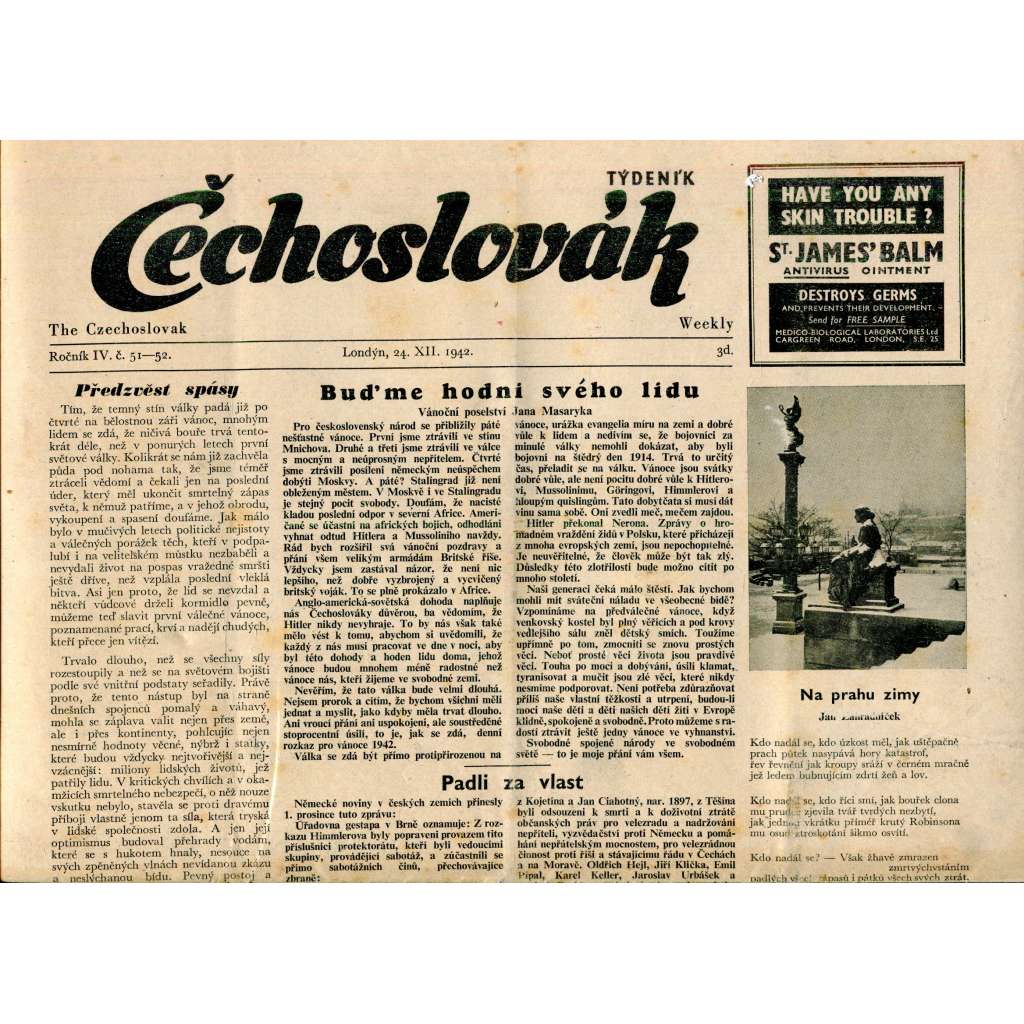 Čechoslovák, ročník IV., číslo 51-52/1942. Nezávislý týdeník (exil - Londýn, noviny)