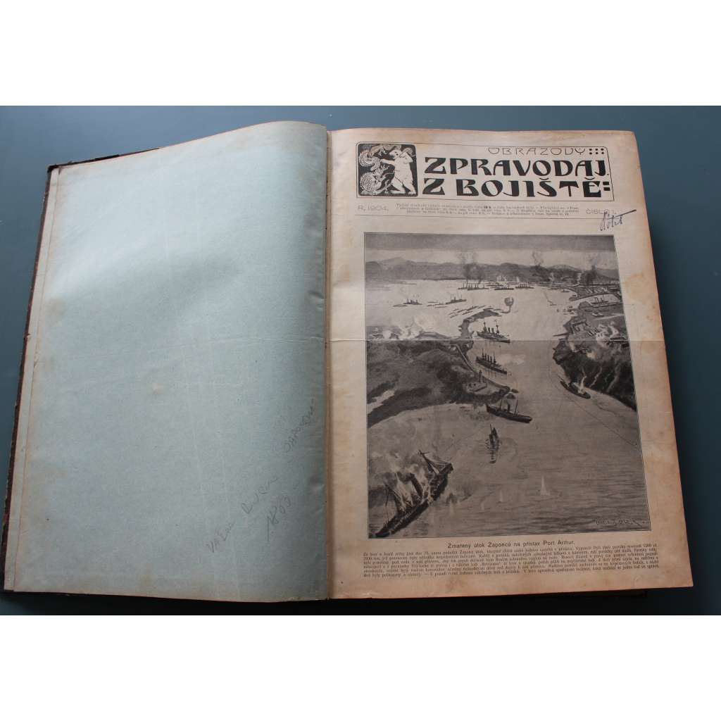 Obrazový zpravodaj z bojiště 1904 (časopis, vojenství, mj. Rusko-japonská válka, Rusko, Japonsko, Noví páni na Koreji, Port- Artur, Mandžusko, Japonský přední vojna postupu proti Rusům, fotografie, ilustrace; polokožená vazba - vazba kůže)