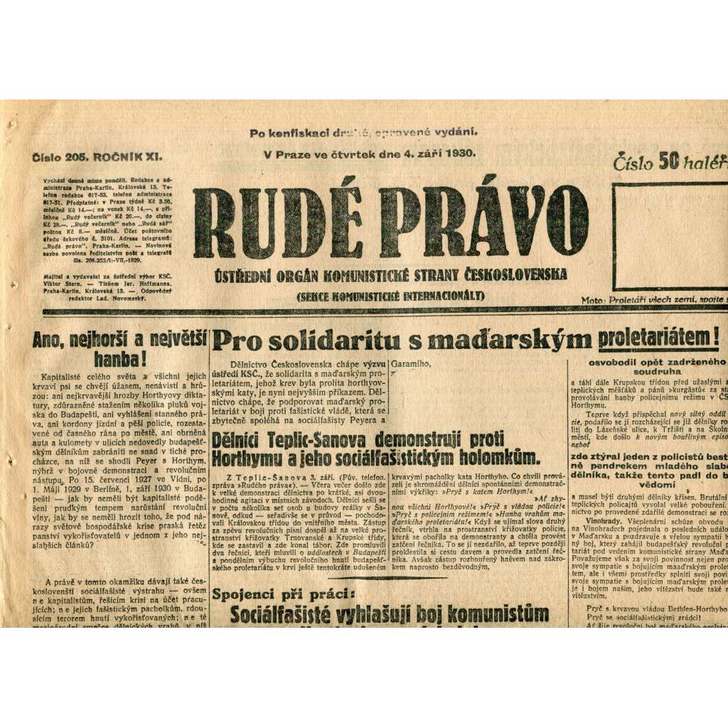 Rudé právo (4.9.1930) - staré noviny, 1. republika