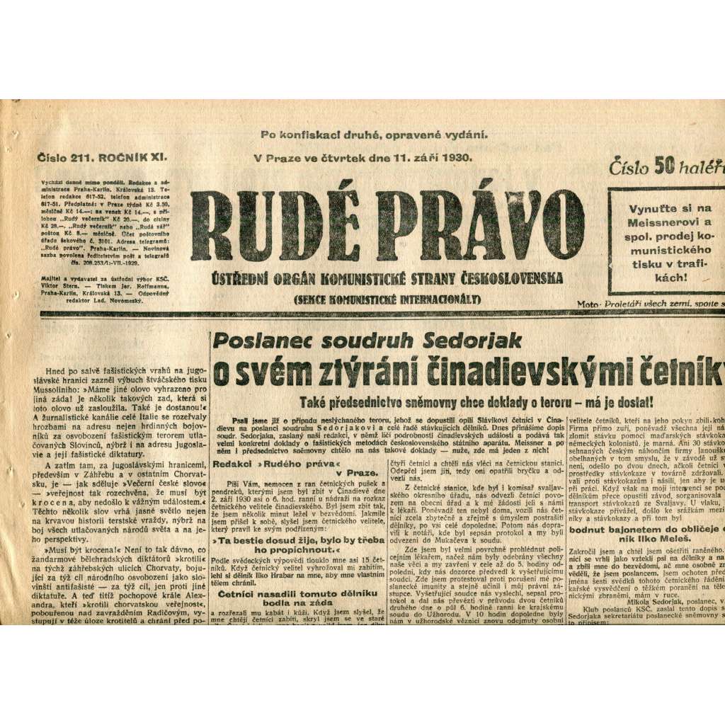 Rudé právo (11.9.1930) - staré noviny, 1. republika