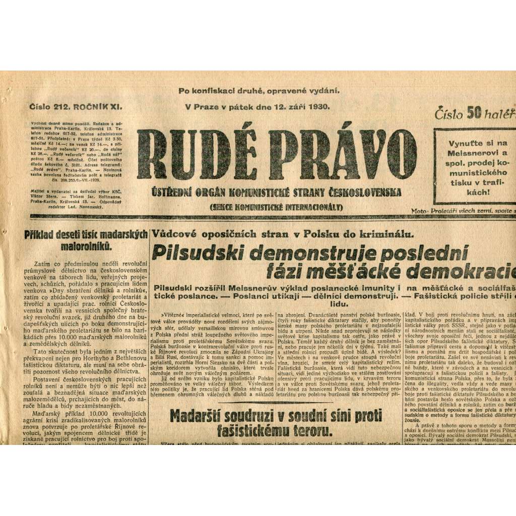 Rudé právo (12.9.1930) - staré noviny, 1. republika
