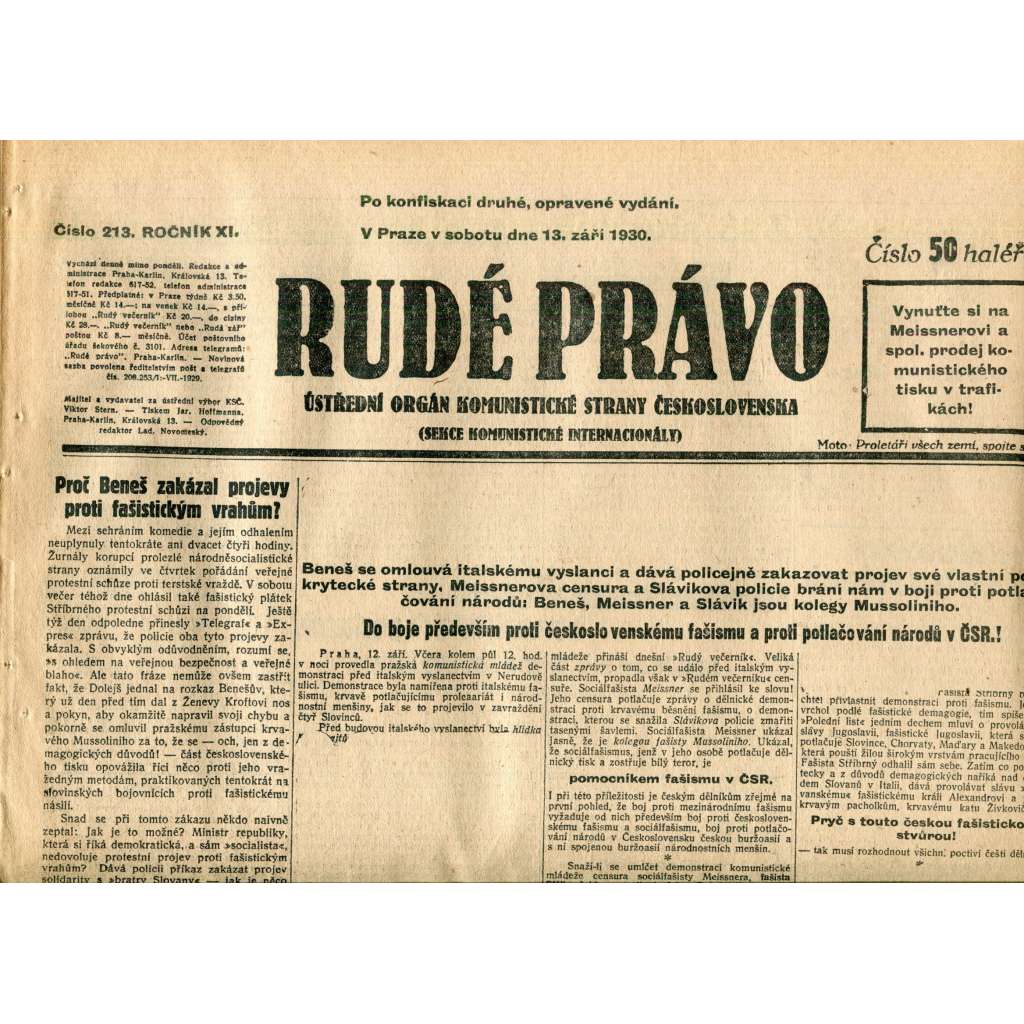 Rudé právo (13.9.1930) - staré noviny, 1. republika