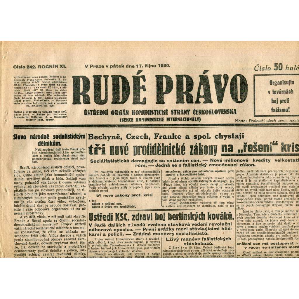 Rudé právo (17.10.1930) - staré noviny, 1. republika Rudé právo (17.10.1930) - staré noviny, 1. republika
