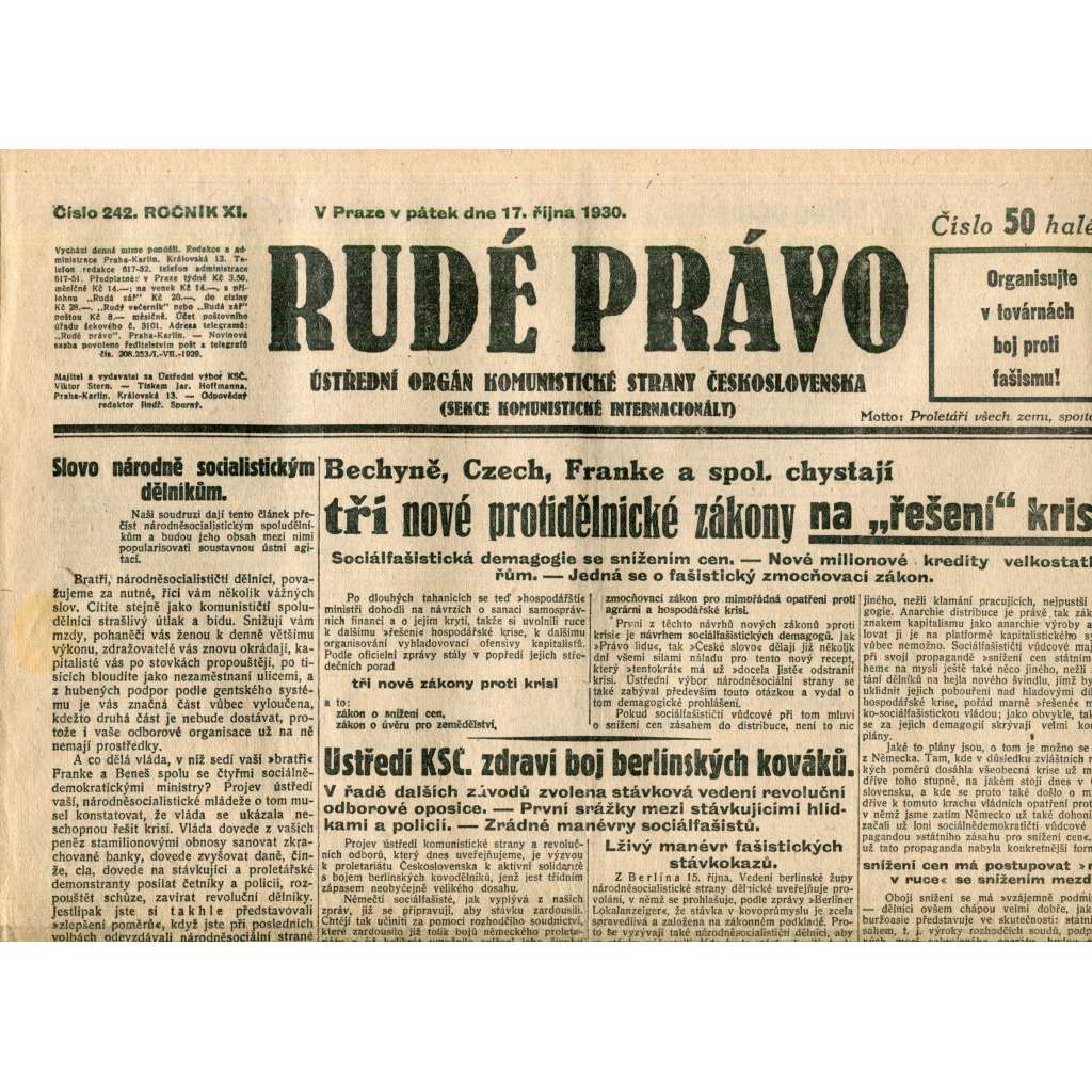 Rudé právo (17.10.1930) - staré noviny, 1. republika Rudé právo (17.10.1930) - staré noviny, 1. republika