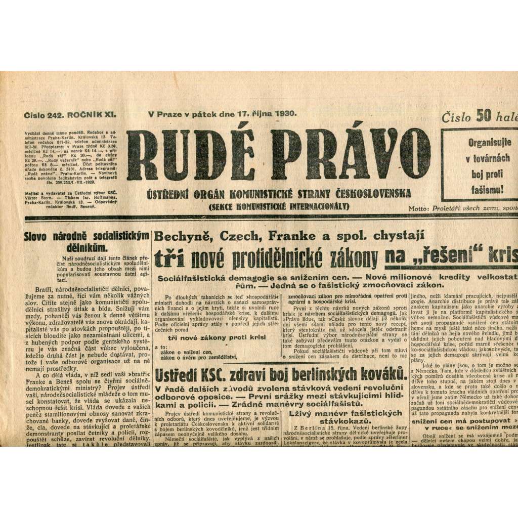 Rudé právo (17.10.1930) - staré noviny, 1. republika Rudé právo (17.10.1930) - staré noviny, 1. republika