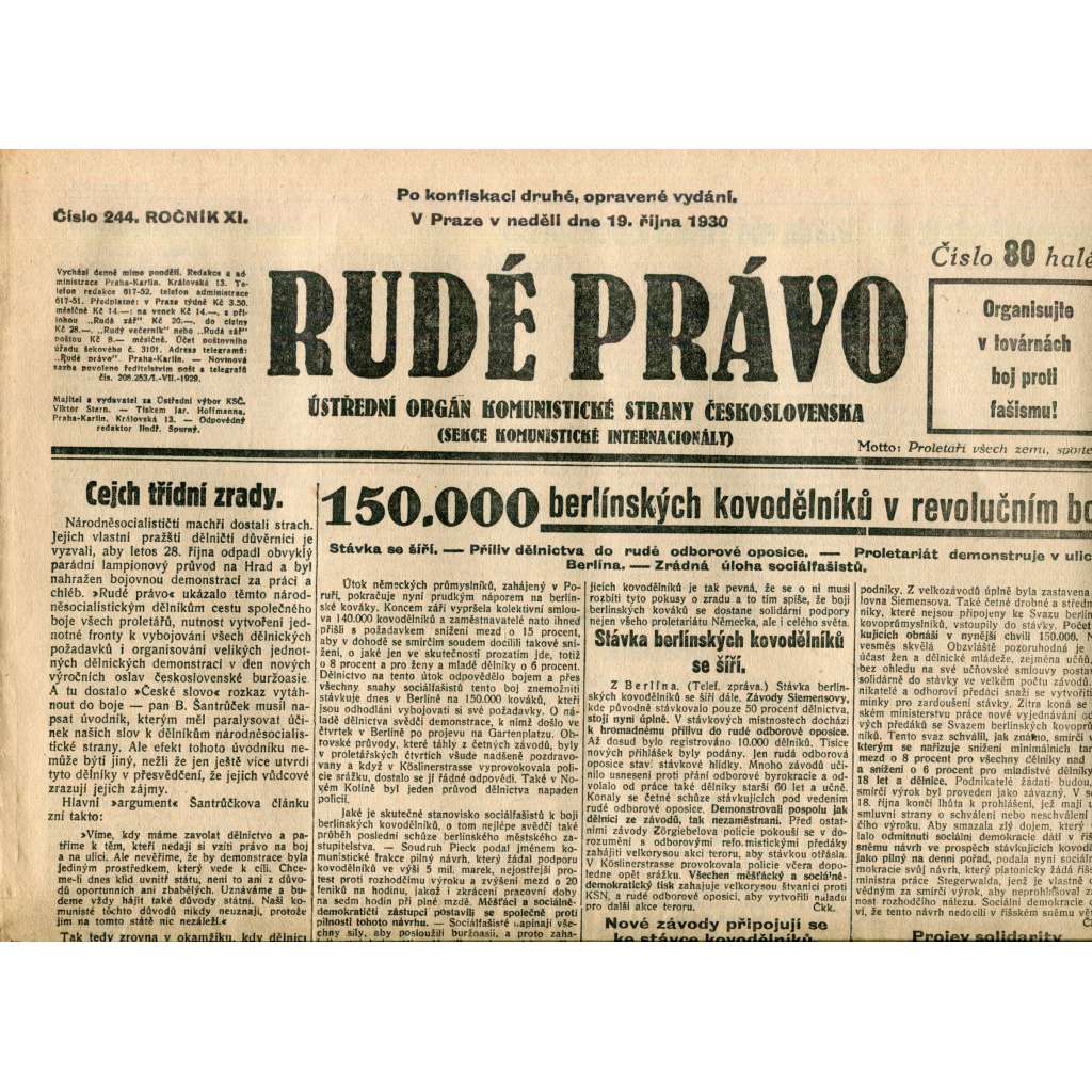 Rudé právo (19.10.1930) - staré noviny, 1. republika Rudé právo (19.10.1930) - staré noviny, 1. republika