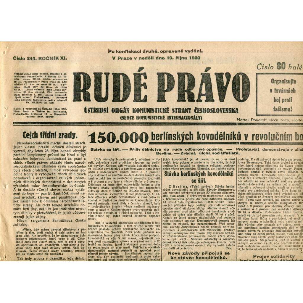 Rudé právo (19.10.1930) - staré noviny, 1. republika Rudé právo (19.10.1930) - staré noviny, 1. republika