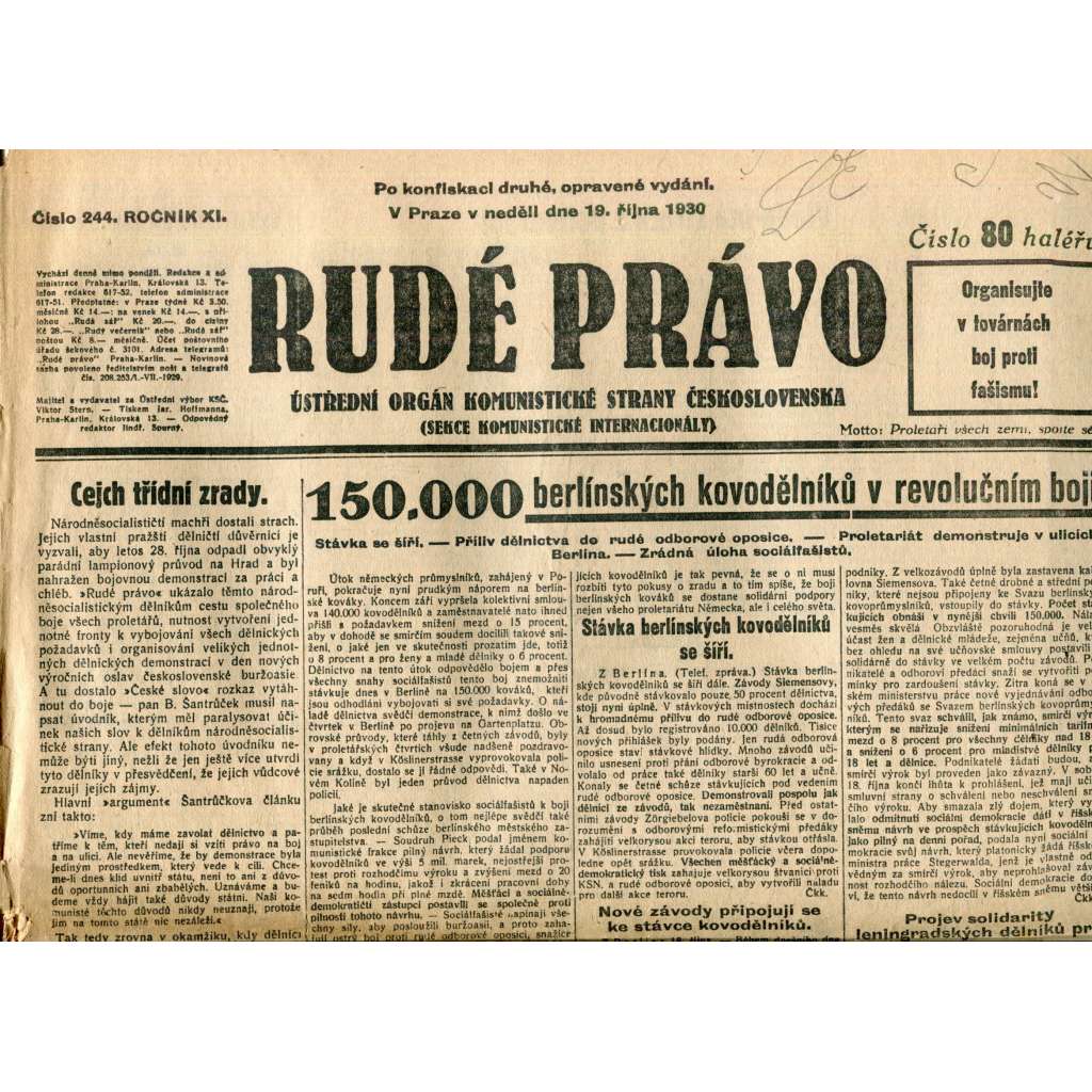 Rudé právo (19.10.1930) - staré noviny, 1. republika Rudé právo (19.10.1930) - staré noviny, 1. republika
