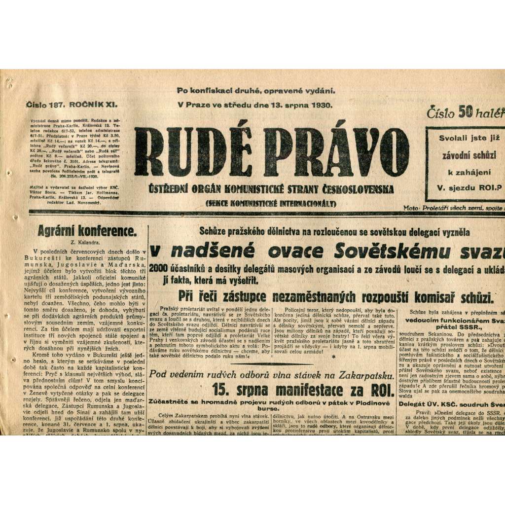 Rudé právo (13.8.1930) - staré noviny, 1. republika