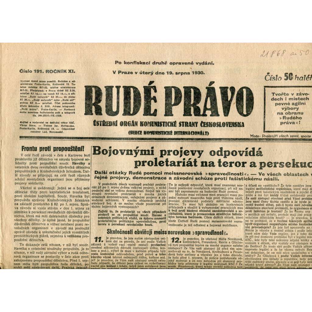Rudé právo (19.8.1930) - staré noviny, 1. republika