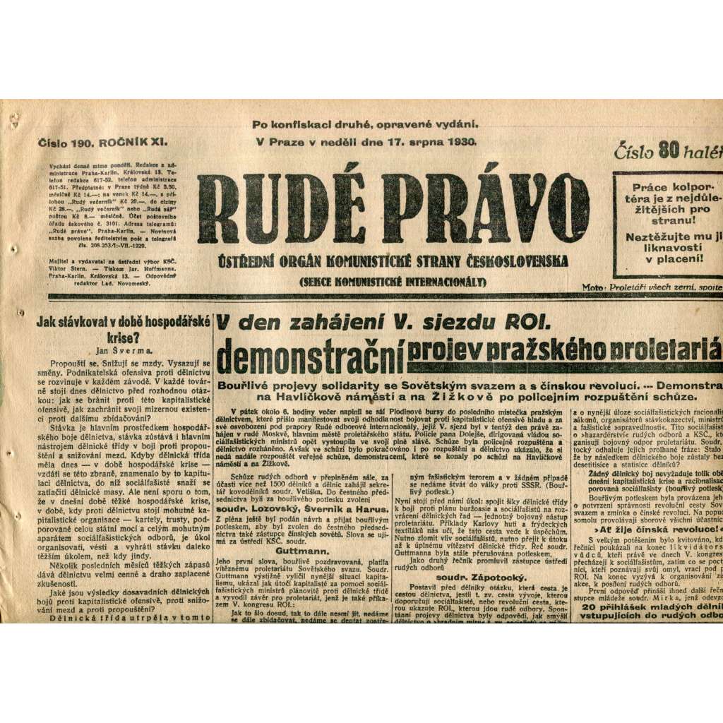 Rudé právo (17.8.1930) - staré noviny, 1. republika