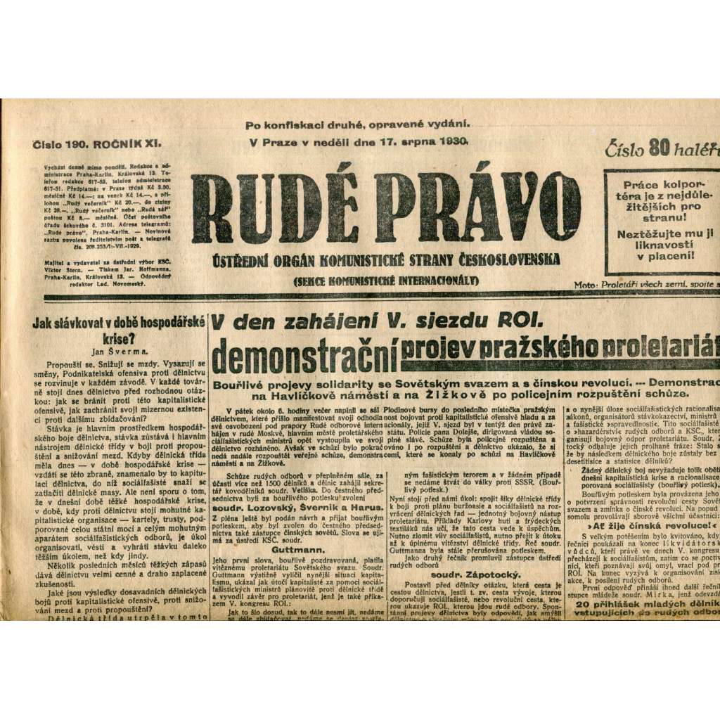 Rudé právo (17.8.1930) - staré noviny, 1. republika
