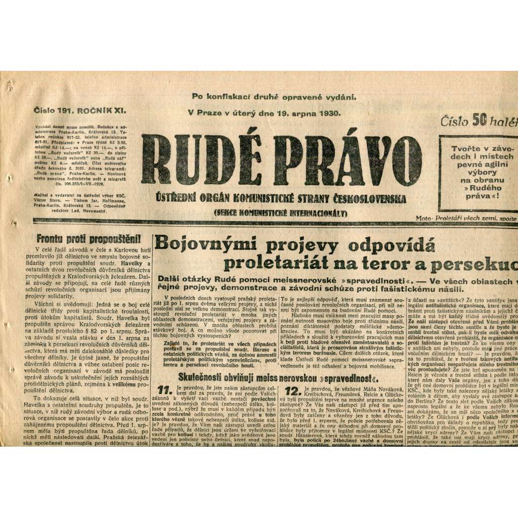 Rudé právo (19.8.1930) - staré noviny, 1. republika