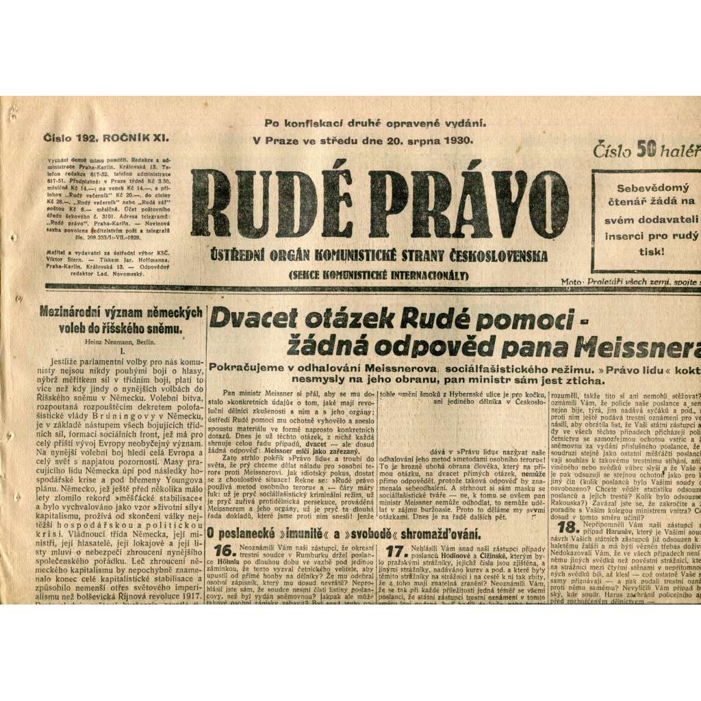 Rudé právo (20.8.1930) - staré noviny, 1. republika