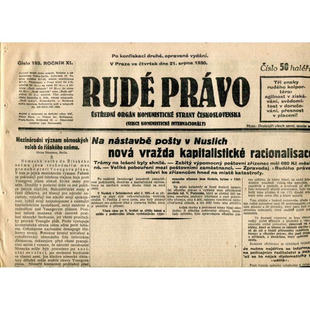 Rudé právo (21.8.1930) - staré noviny, 1. republika