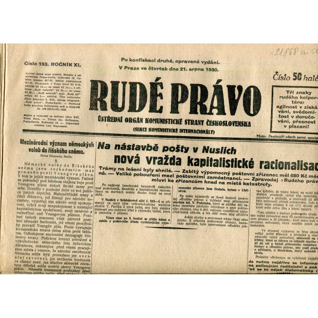 Rudé právo (21.8.1930) - staré noviny, 1. republika