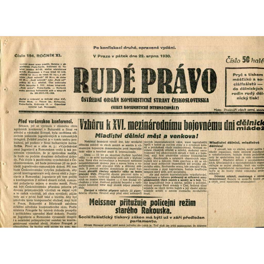 Rudé právo (22.8.1930) - staré noviny, 1. republika
