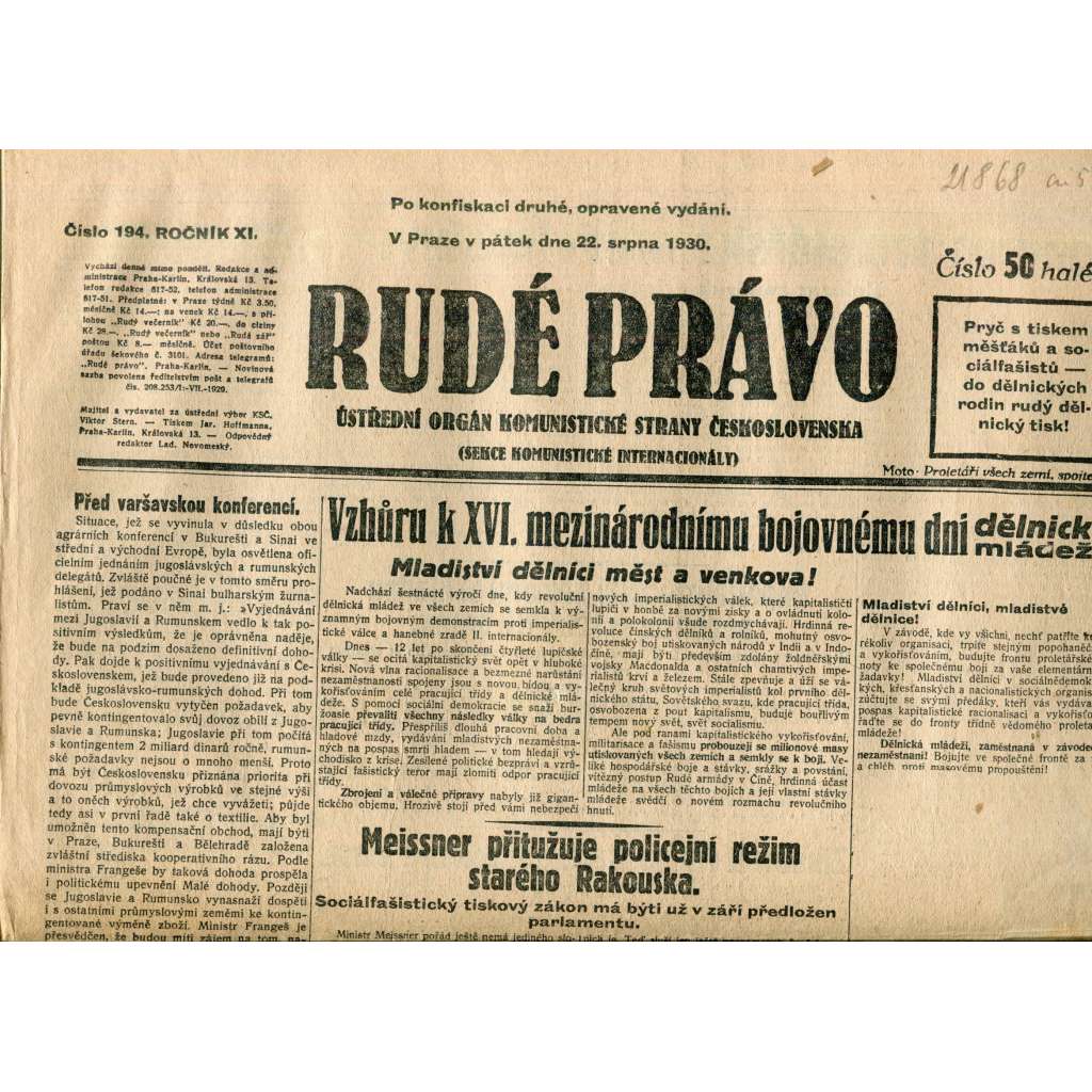 Rudé právo (22.8.1930) - staré noviny, 1. republika