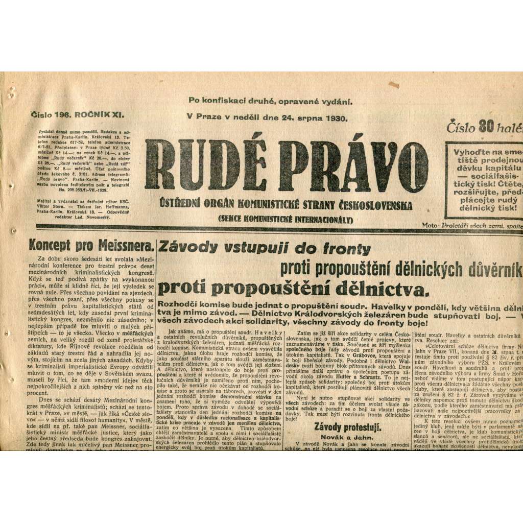 Rudé právo (24.8.1930) - staré noviny, 1. republika