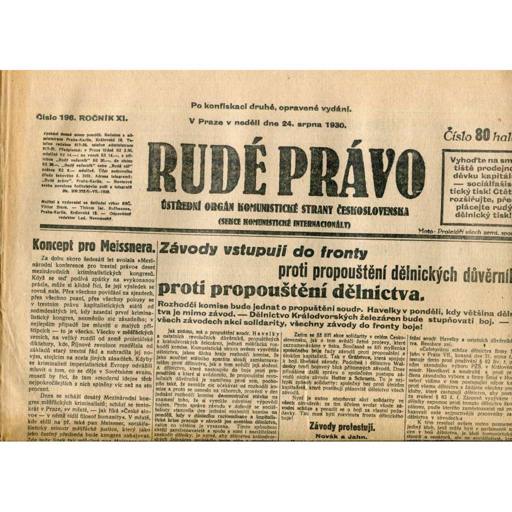 Rudé právo (24.8.1930) - staré noviny, 1. republika
