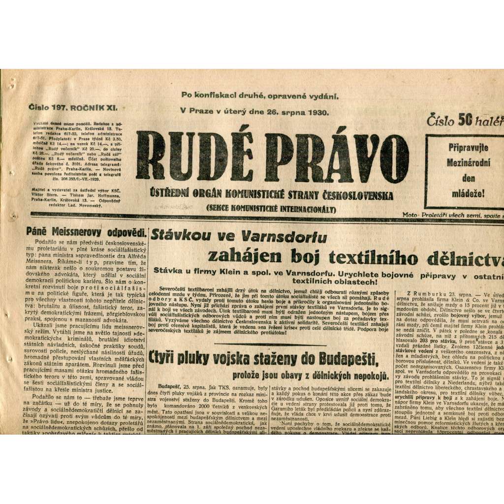 Rudé právo (26.8.1930) - staré noviny, 1. republika