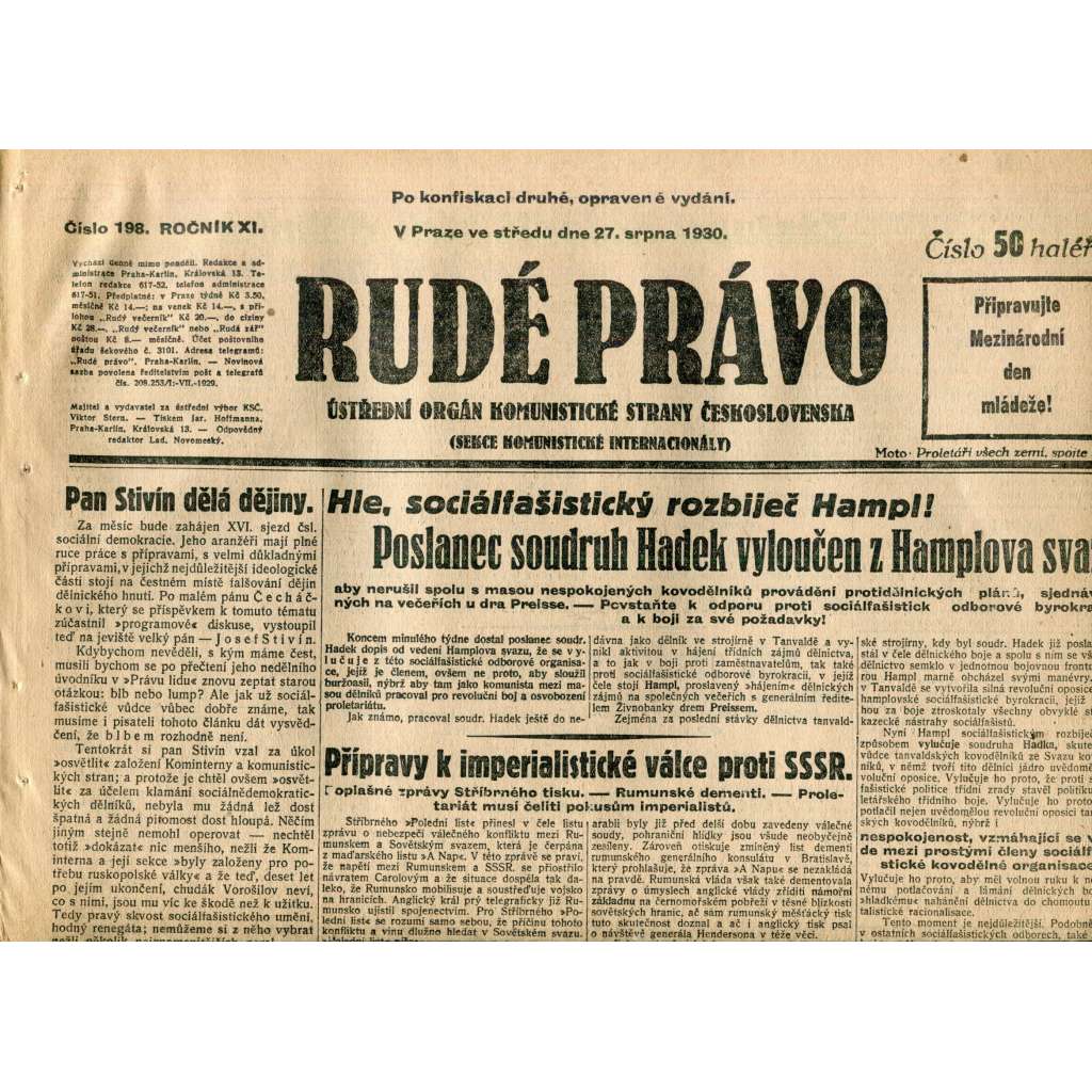 Rudé právo (27.8.1930) - staré noviny, 1. republika