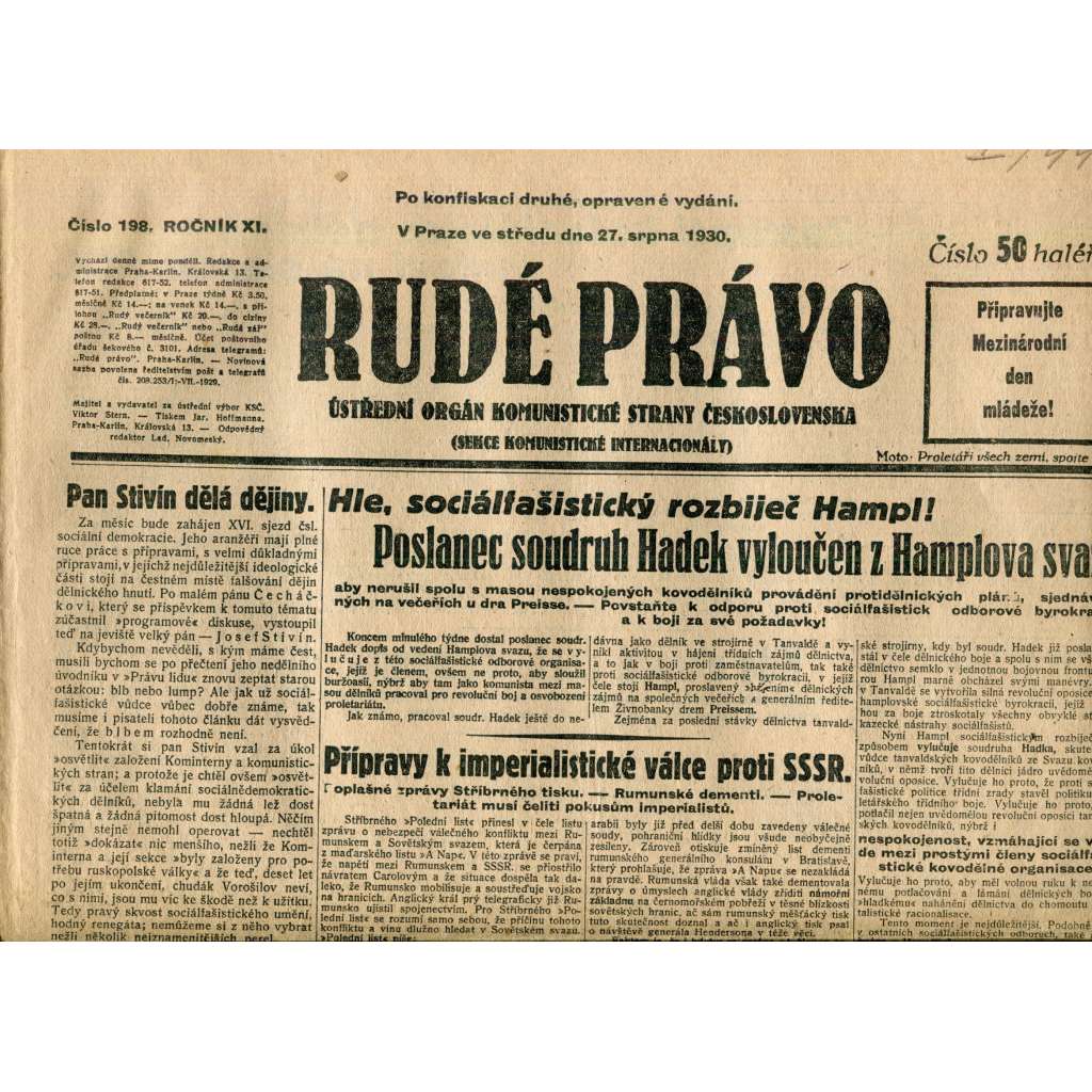 Rudé právo (27.8.1930) - staré noviny, 1. republika