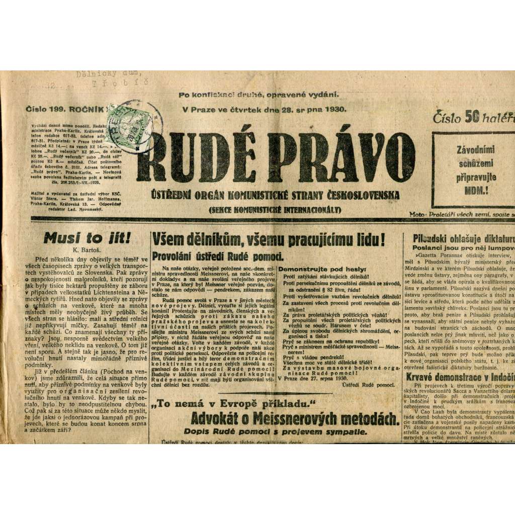 Rudé právo (28.8.1930) - staré noviny, 1. republika (pošk.)