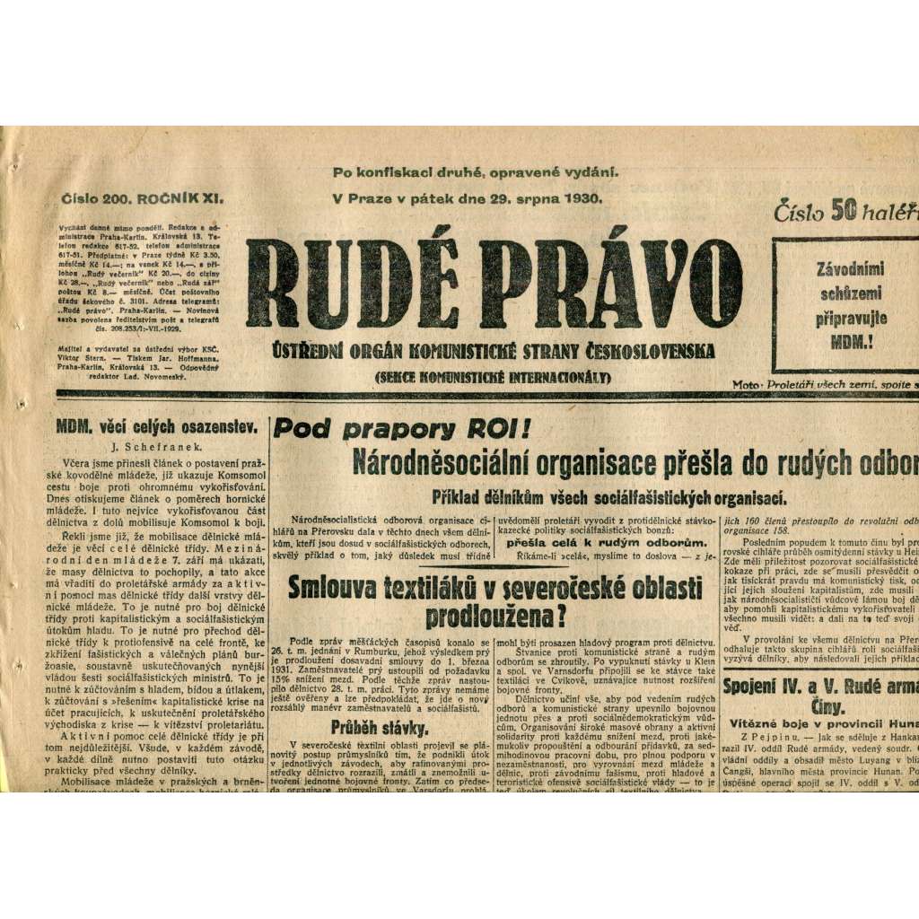 Rudé právo (29.8.1930) - staré noviny, 1. republika