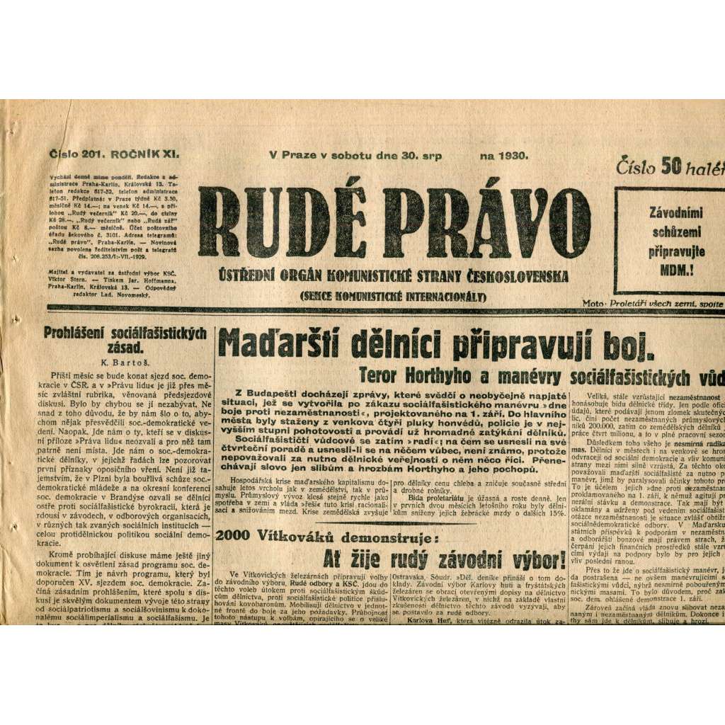 Rudé právo (30.8.1930) - staré noviny, 1. republika