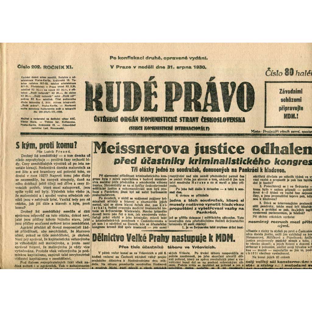 Rudé právo (31.8.1930) - staré noviny, 1. republika