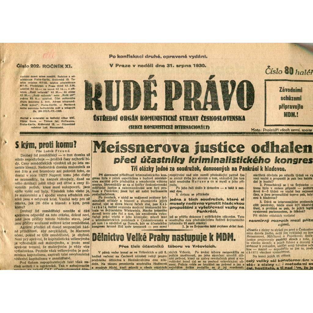 Rudé právo (31.8.1930) - staré noviny, 1. republika