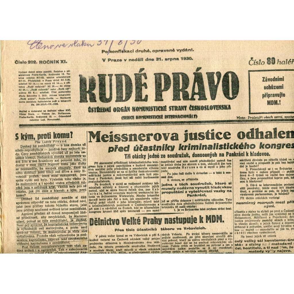Rudé právo (31.8.1930) - staré noviny, 1. republika