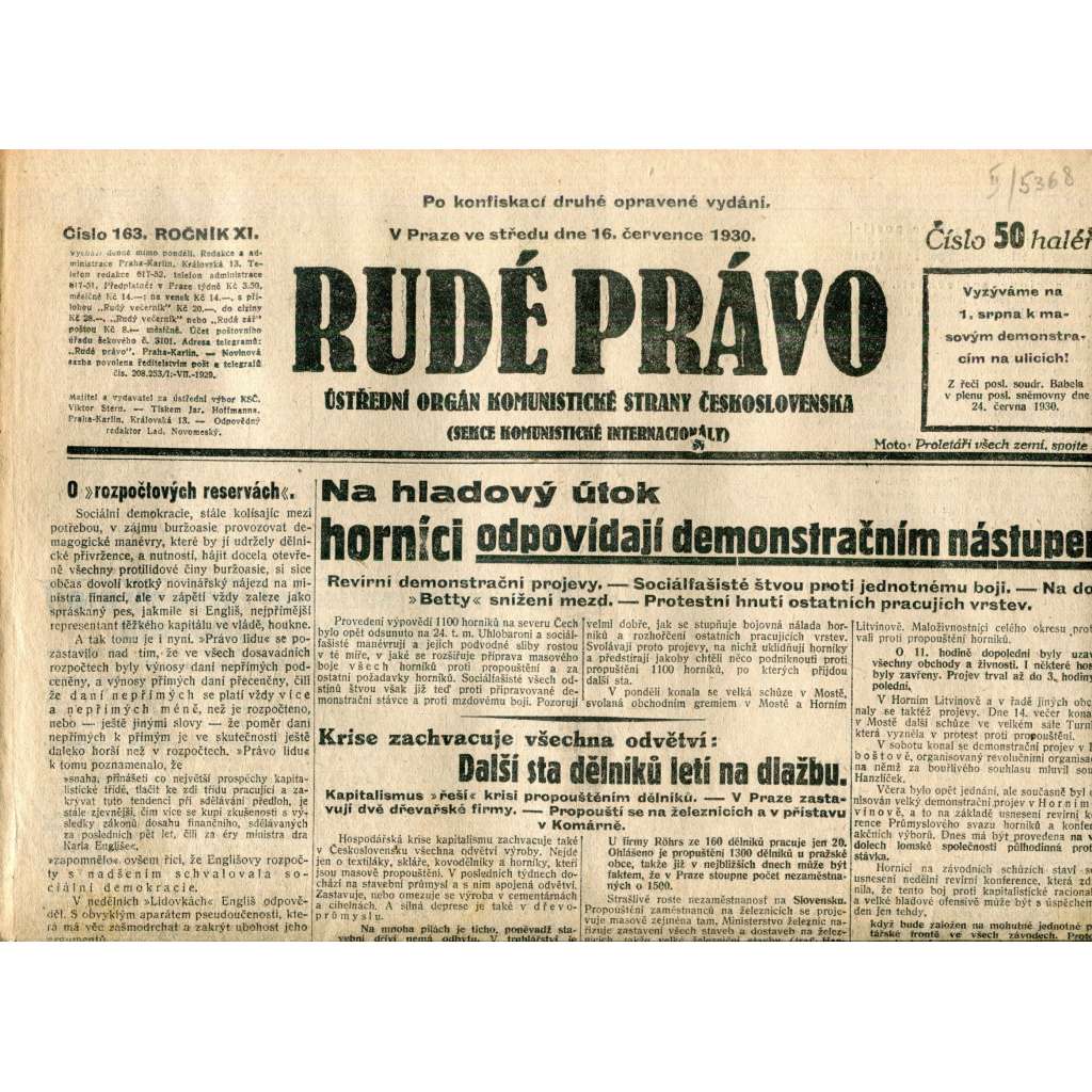 Rudé právo (16.7.1930) - staré noviny, 1. republika