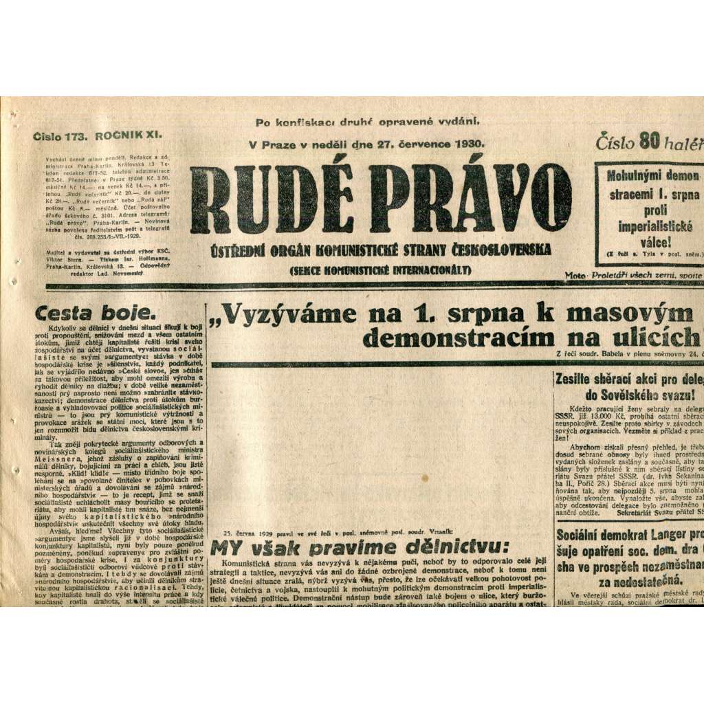 Rudé právo (27.7.1930) - staré noviny, 1. republika