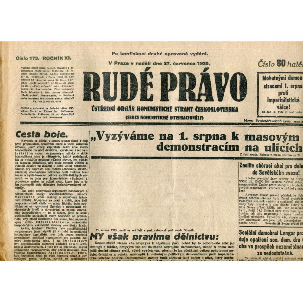 Rudé právo (27.7.1930) - staré noviny, 1. republika