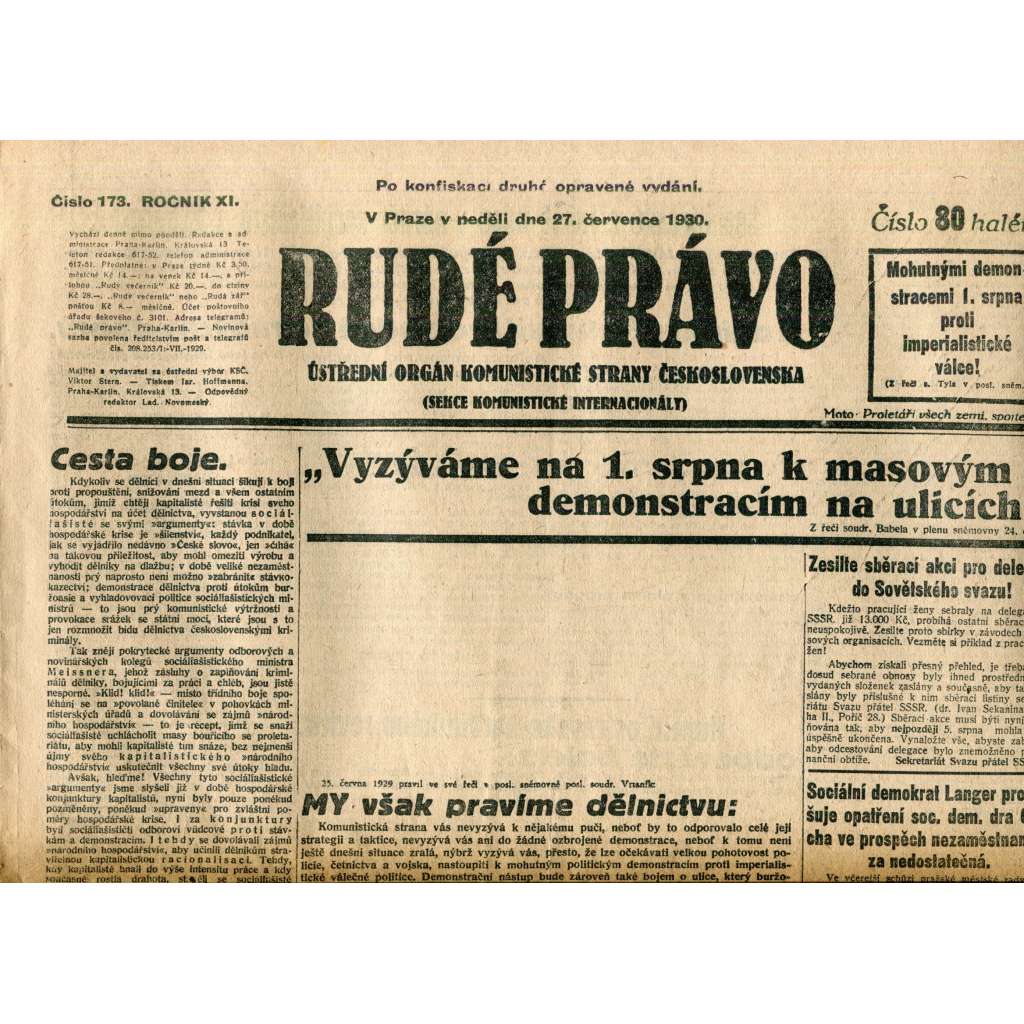 Rudé právo (27.7.1930) - staré noviny, 1. republika
