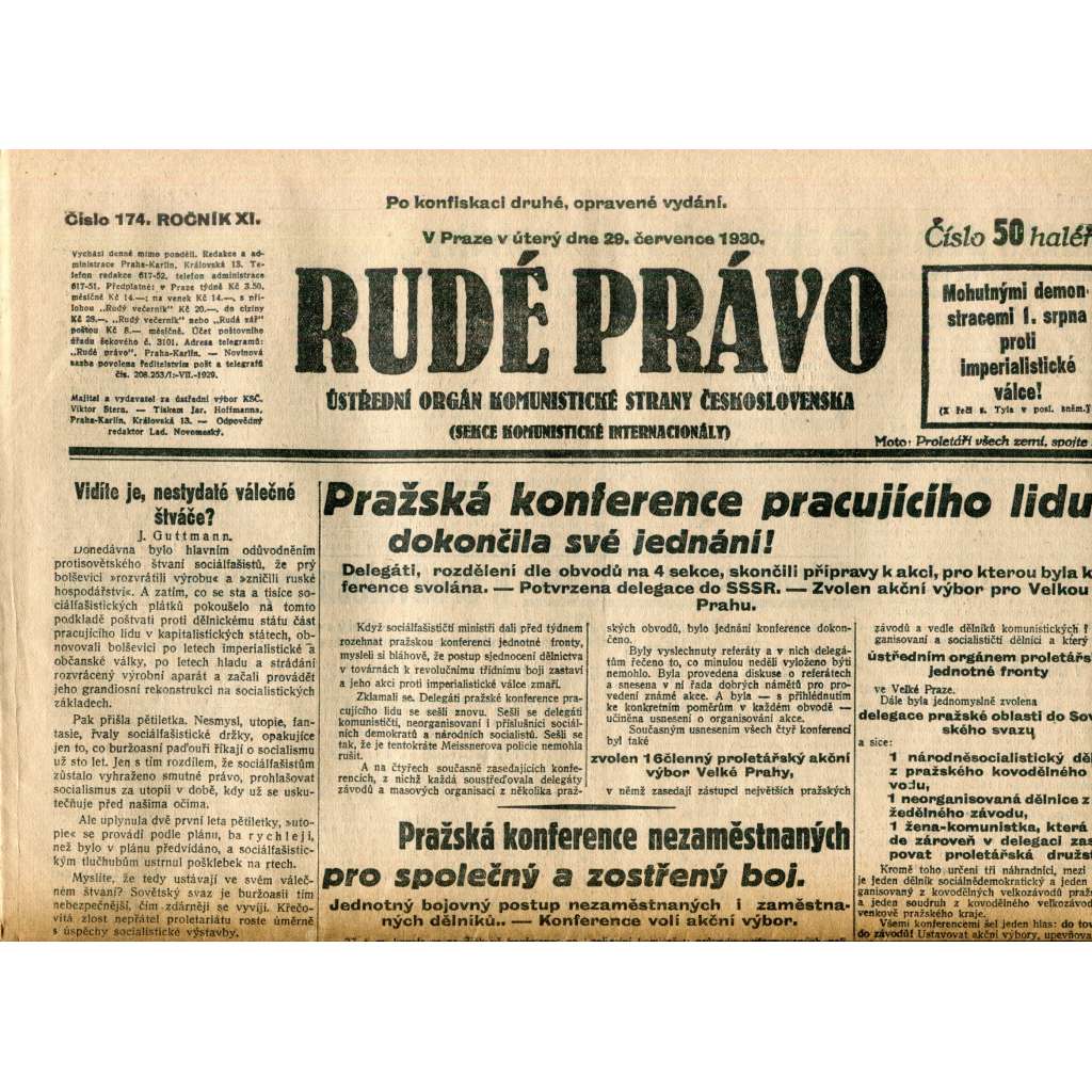 Rudé právo (29.7.1930) - staré noviny, 1. republika