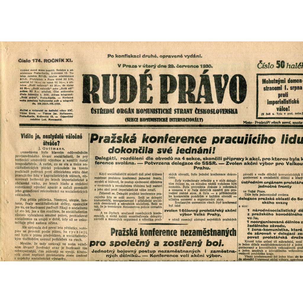 Rudé právo (29.7.1930) - staré noviny, 1. republika