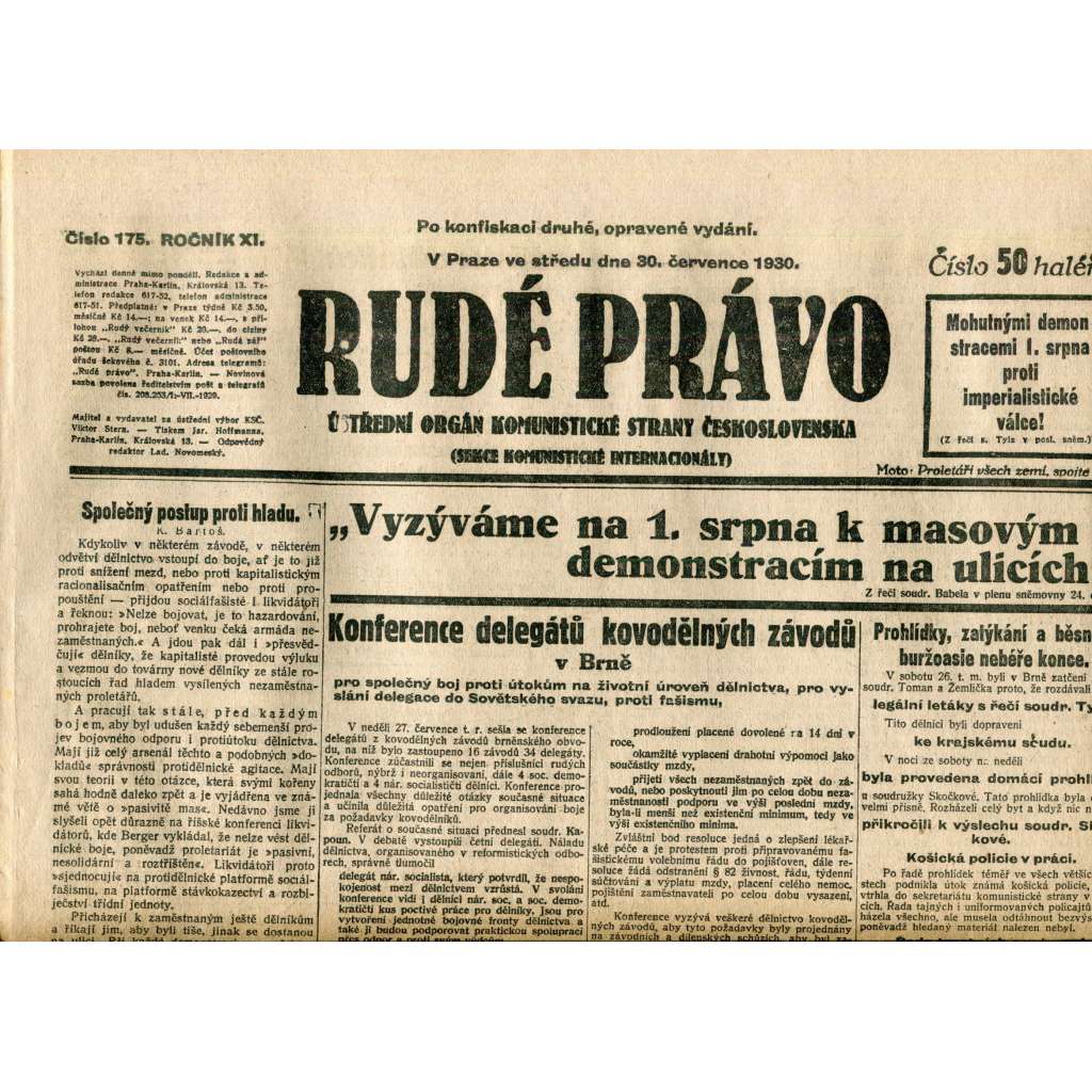 Rudé právo (30.7.1930) - staré noviny, 1. republika