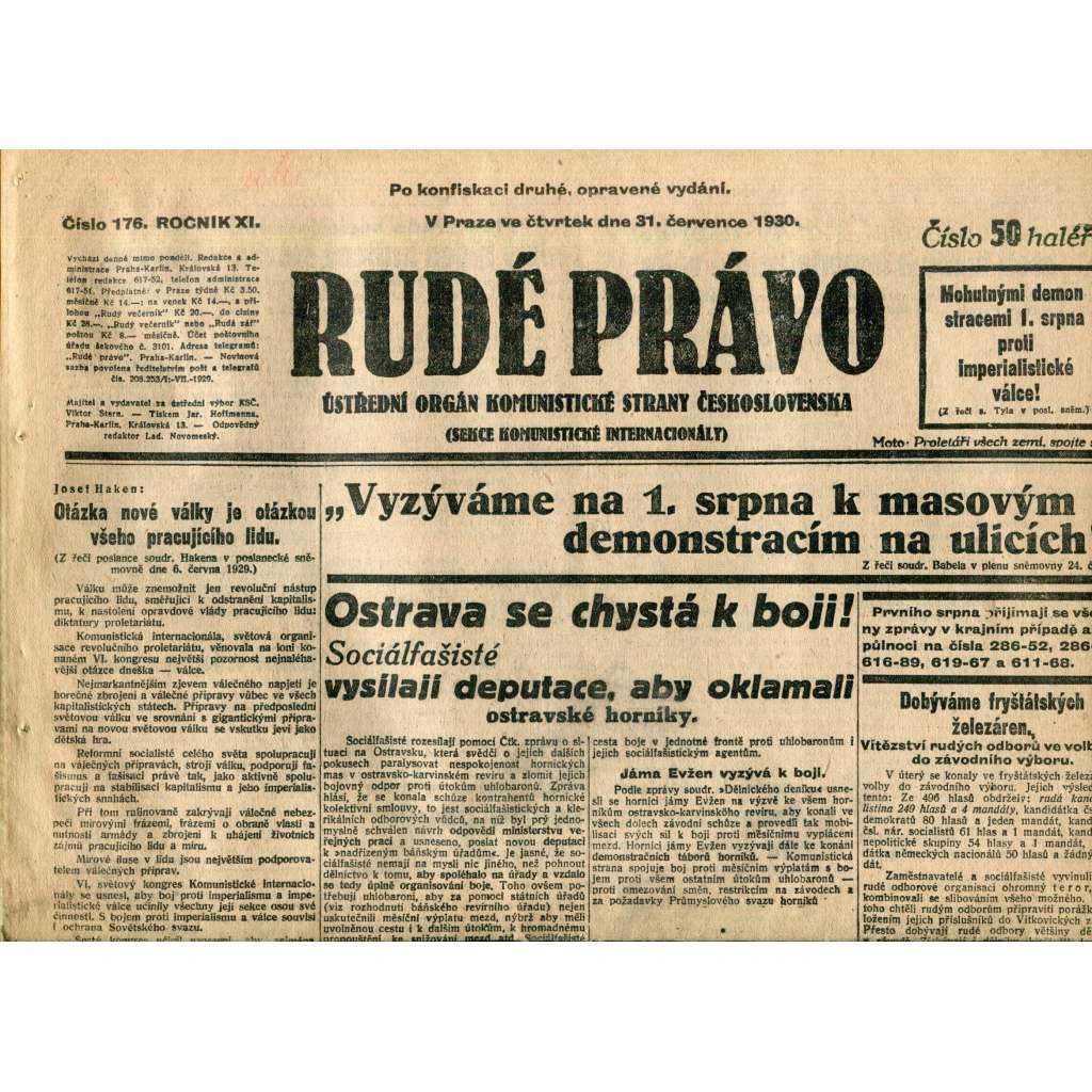 Rudé právo (31.7.1930) - staré noviny, 1. republika