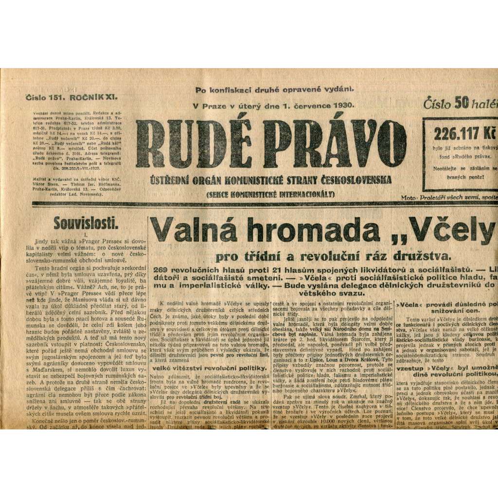 Rudé právo (1.7.1930) - staré noviny, 1. republika
