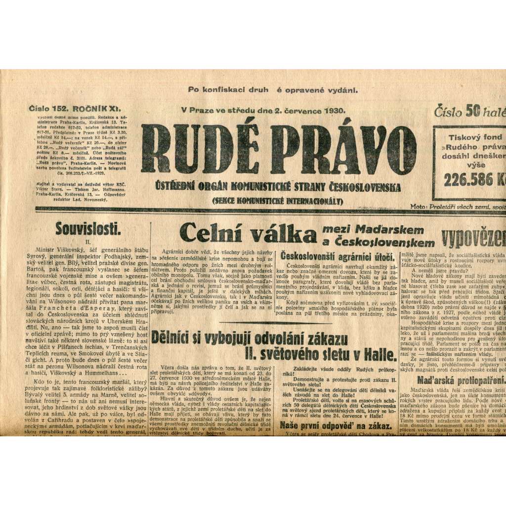 Rudé právo (2.7.1930) - staré noviny, 1. republika