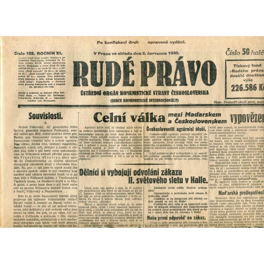 Rudé právo (2.7.1930) - staré noviny, 1. republika